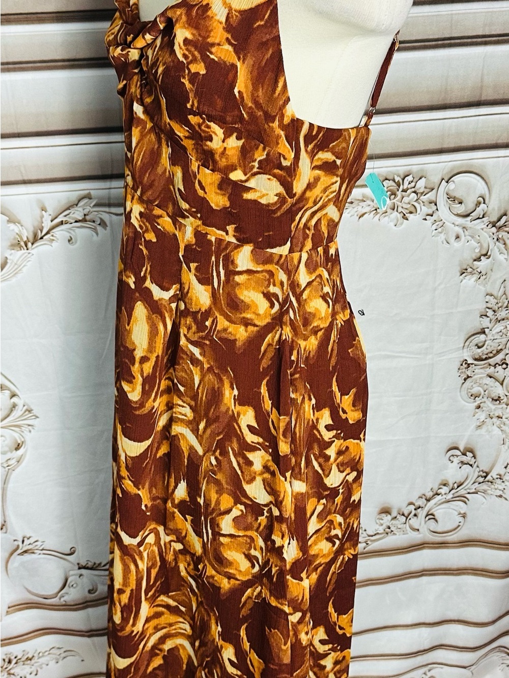 Brown Floral Maxi Slip Dress with Twisted Bodice - Picture 8 of 12